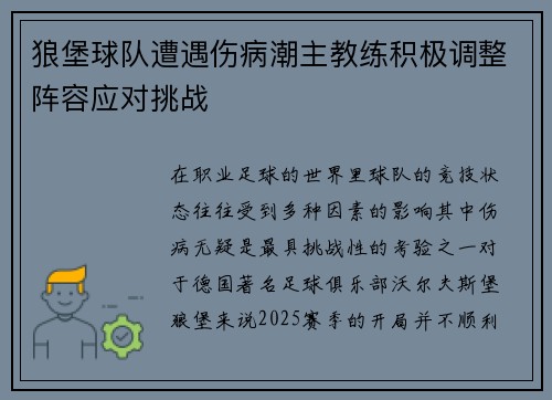 狼堡球队遭遇伤病潮主教练积极调整阵容应对挑战