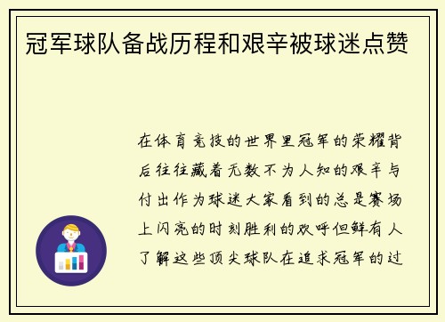 冠军球队备战历程和艰辛被球迷点赞