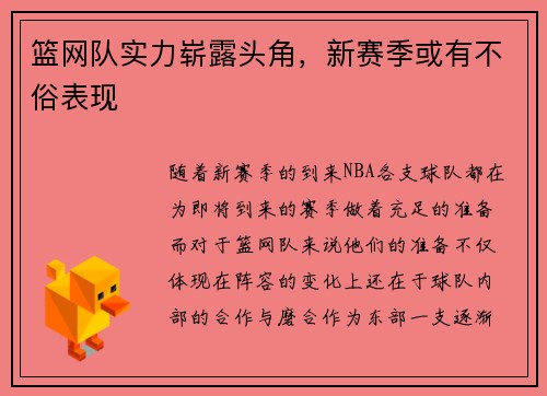 篮网队实力崭露头角，新赛季或有不俗表现