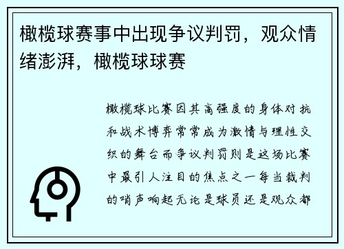橄榄球赛事中出现争议判罚，观众情绪澎湃，橄榄球球赛