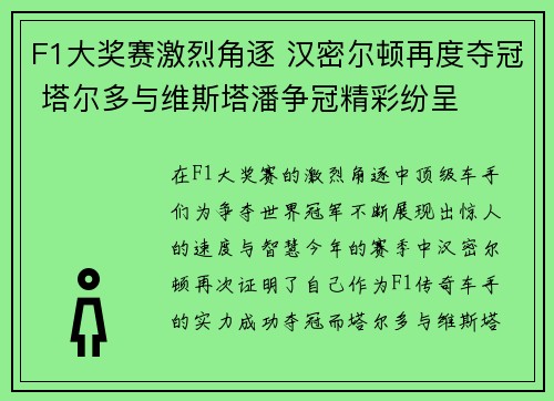 F1大奖赛激烈角逐 汉密尔顿再度夺冠 塔尔多与维斯塔潘争冠精彩纷呈
