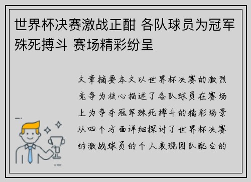 世界杯决赛激战正酣 各队球员为冠军殊死搏斗 赛场精彩纷呈
