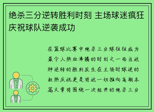 绝杀三分逆转胜利时刻 主场球迷疯狂庆祝球队逆袭成功